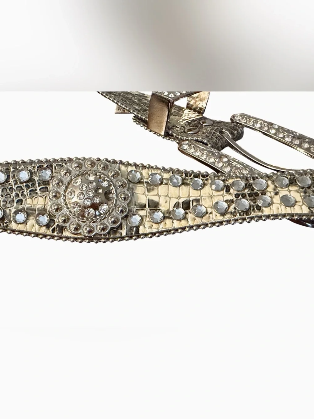 Rhinestone Embellished Metallic Women's Belt - silver, cream and grays, L-XL